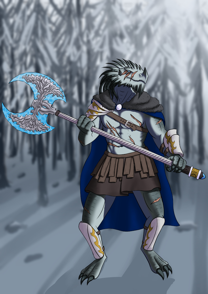 Illustration of a dragonborn barbarian holding an ice themed axe in a snowy forest.