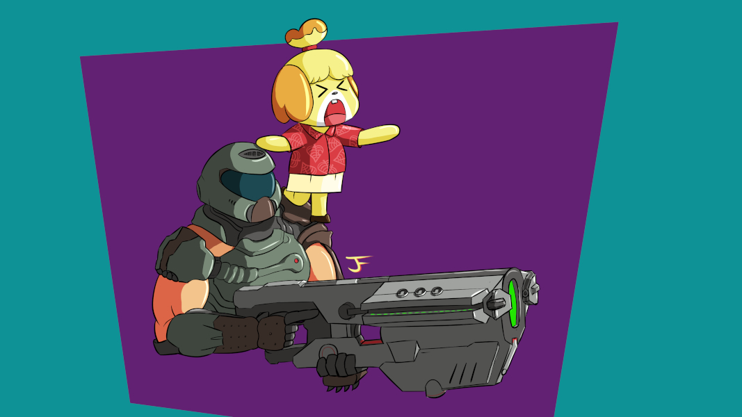Illustration of Isabelle from Animal Crossing standing on the shoulder of the Doom Slayer while yelling and pointing where to shoot.