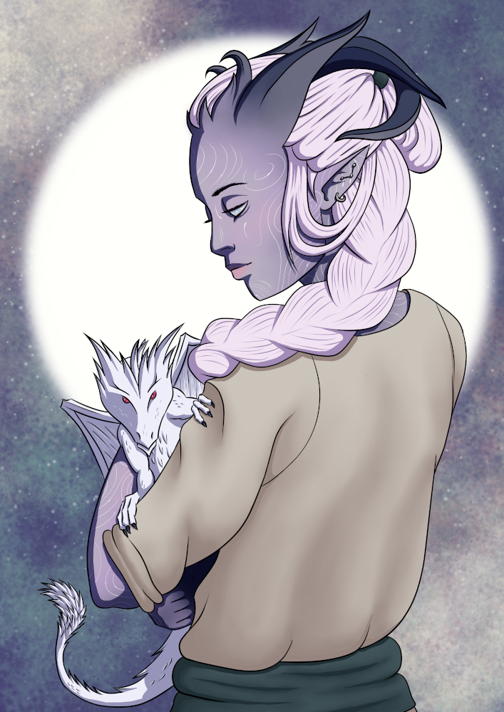Illustration of a purple tiefling holding a white pseudodragon with a the moon and stars behind her.