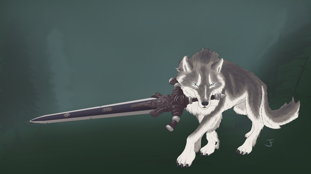 Illustration of Great Grey Wolf Sif from Dark Souls.