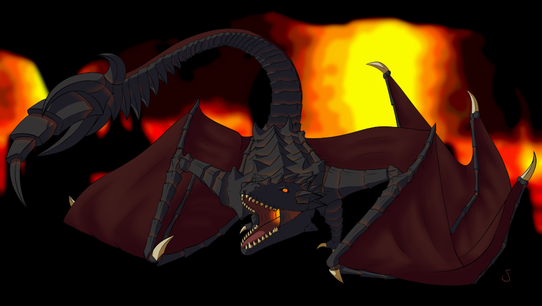 Illustration of a wyvern in a volcanic cave.
