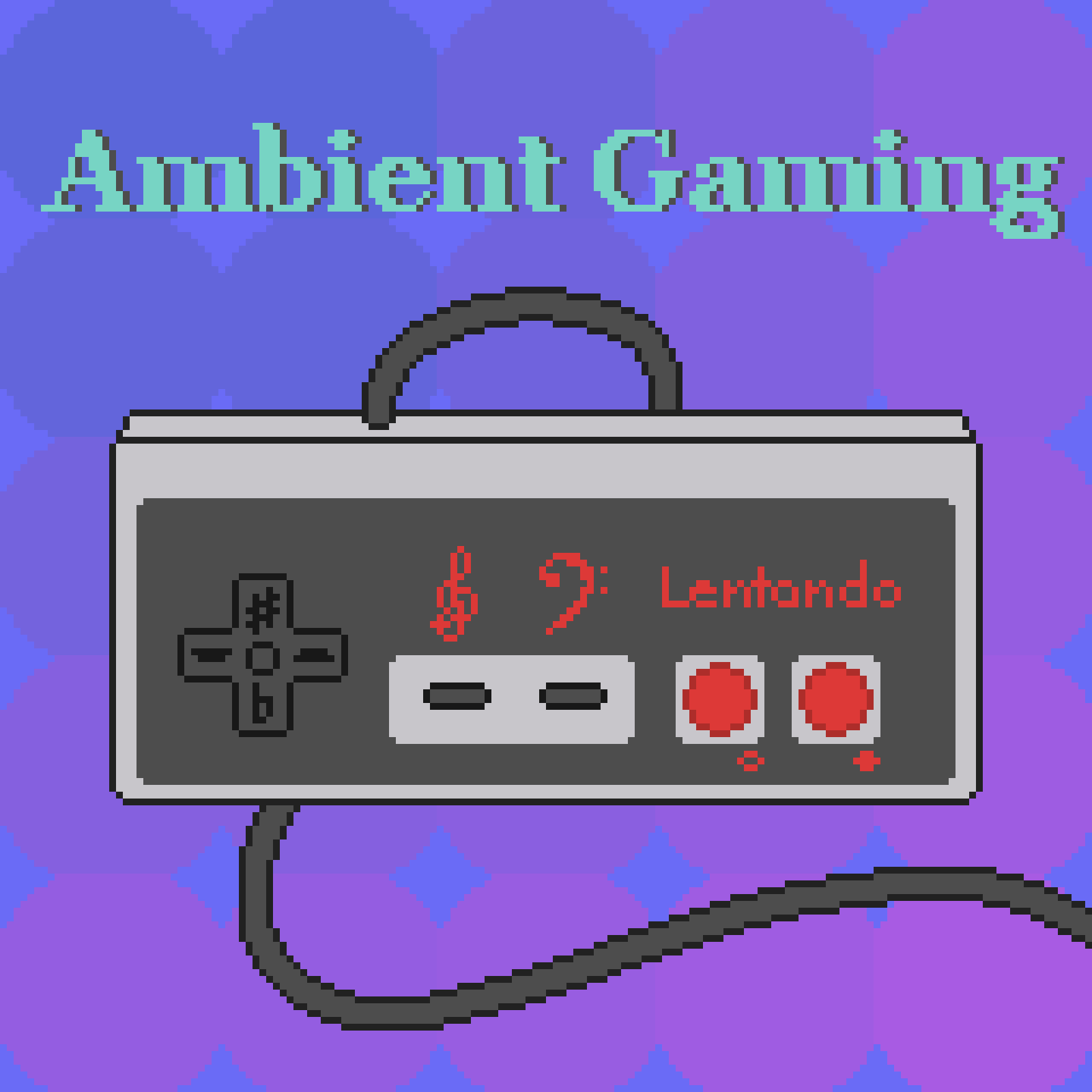 Pixel art playlist cover with a NES style controller that has music symbols replacing the button labels and the word 'Lentando' where the Nintendo logo should be. Light green text reads 'Ambient Gaming' at the top, with a blue to purple gradient with circles in the background.