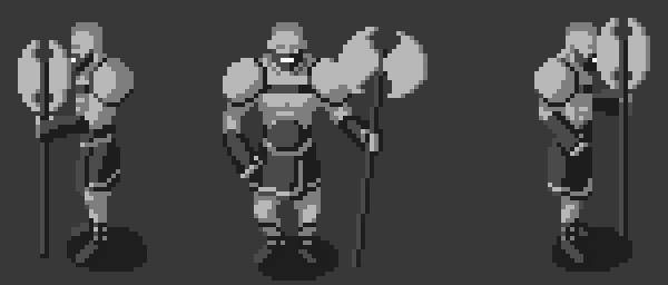 Three greyscale pixel art idle animations of a barbarian holding an axe and thumping it on the ground.