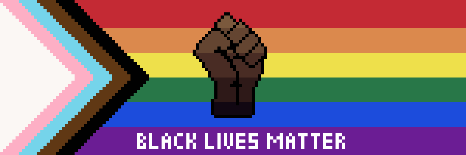 Pixel art trans flag with a fist in the middle and 'Black Lives Matter' in white text at the bottom.