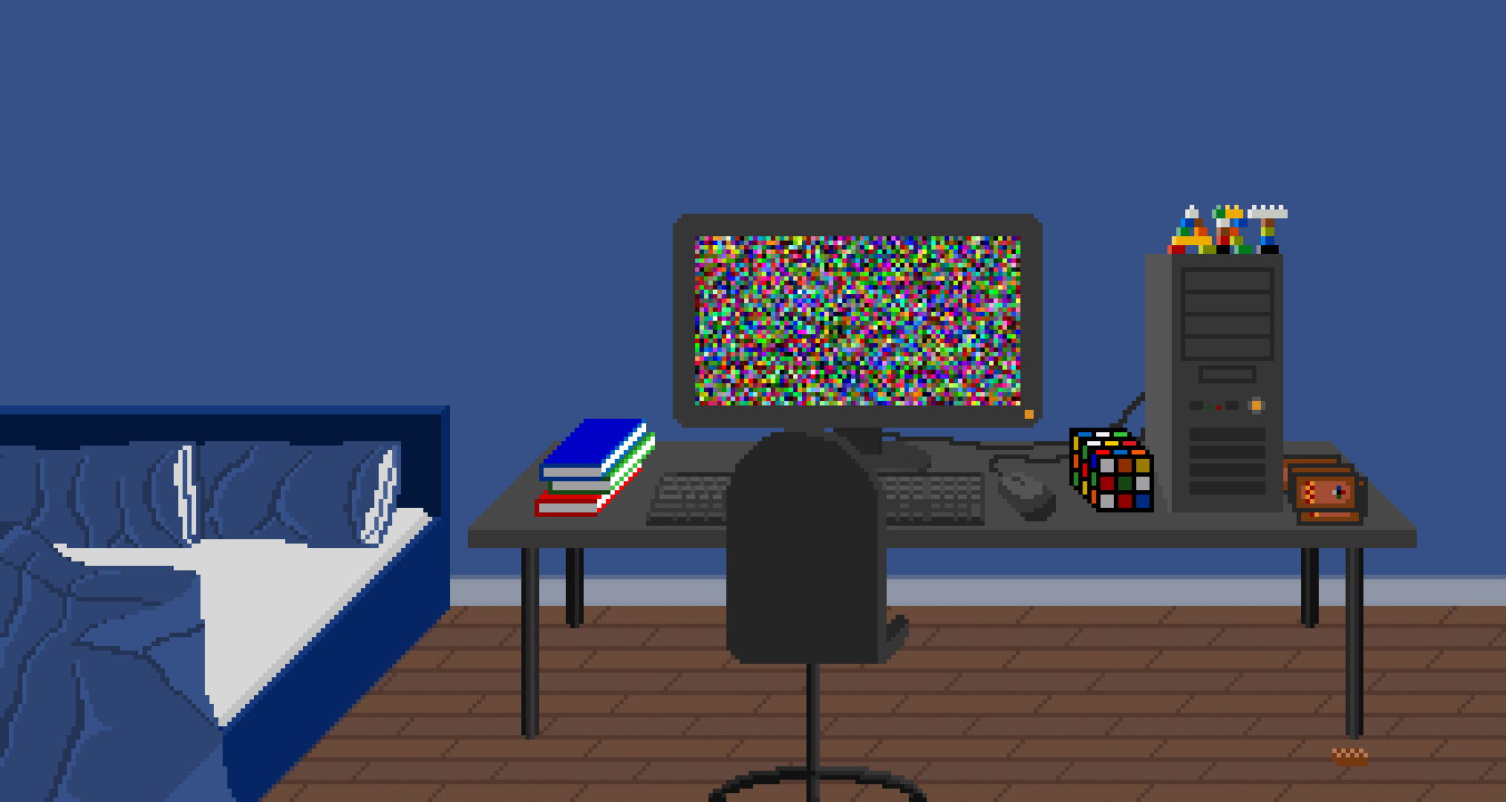Pixel art image of a room with a blue wall, unmade bed, a desk with a chair, books, computer, rubix cube, magic cards and multi-colored blocks that spell out the word 'ART'.
