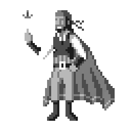 Pixel art greyscale image of a rogue with a bandana and flowing cap.
