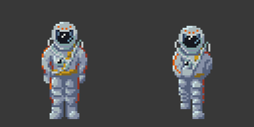 Two rotating poses of standing and walk animation sprites of a pixel art space space suit reminiscent of the old Russian/Soviet cosmonaut suits.