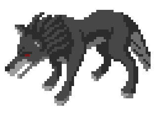 Pixel art greyscale image of a wolf with a red eye.